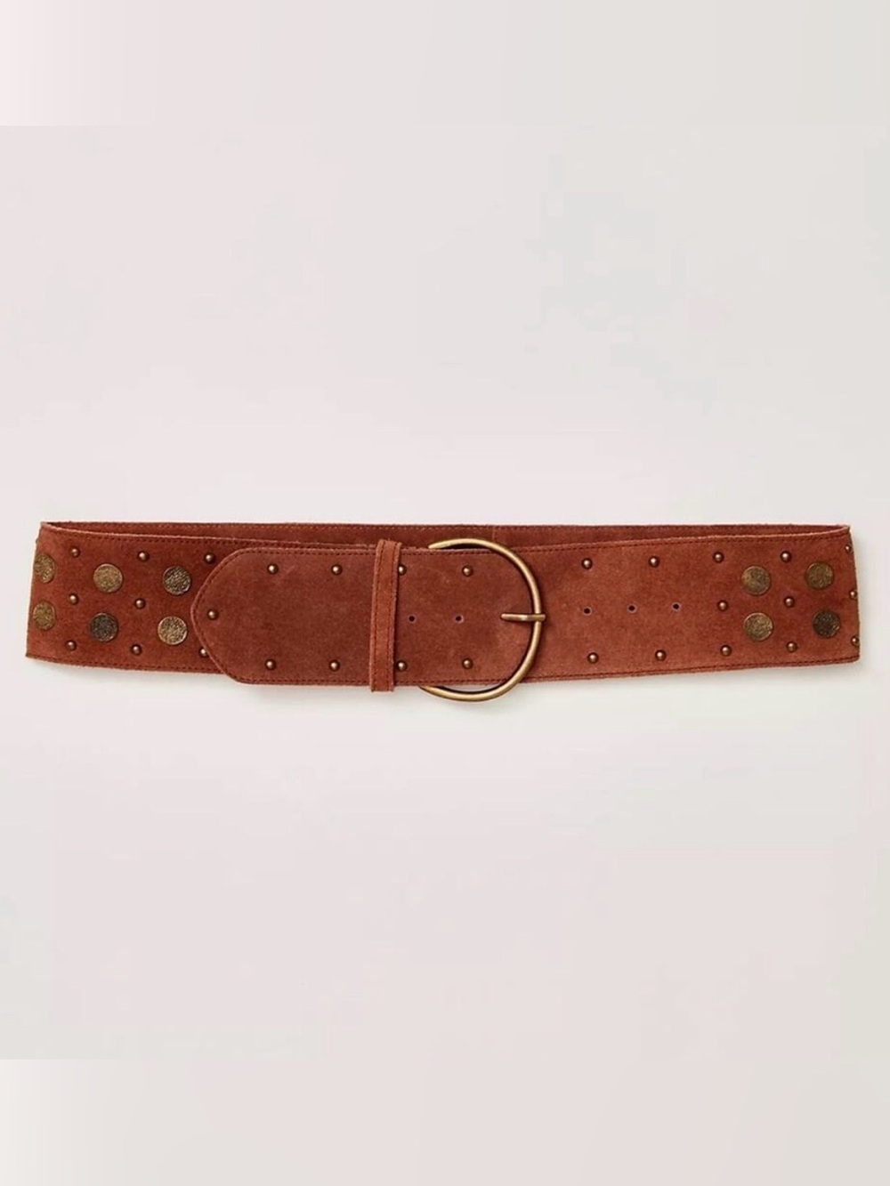 Free People Honeydew Hip Belt - Wide Studded Brown Suede Gold Buckle S / M NWOT